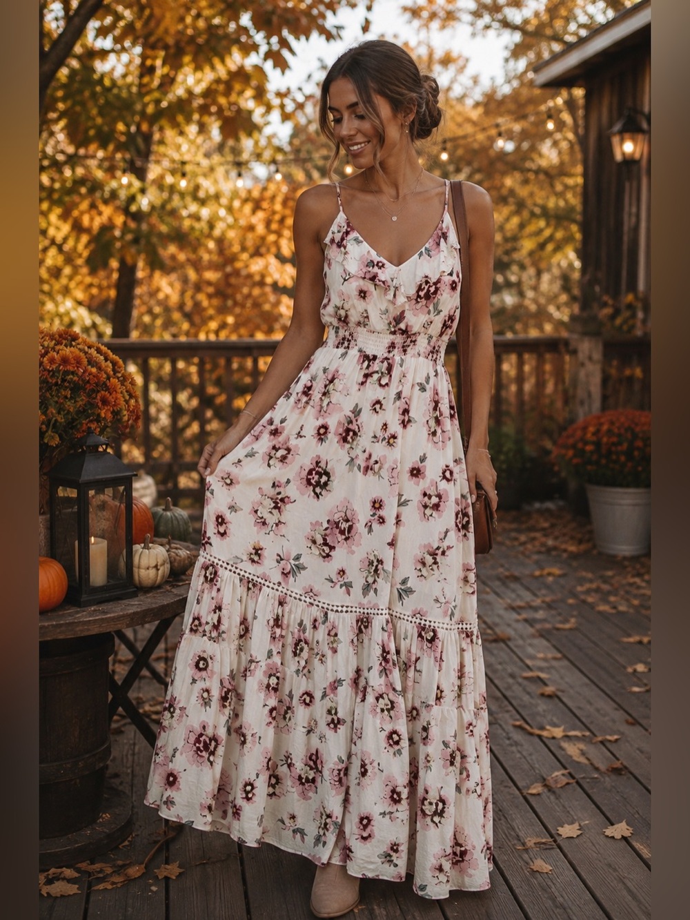 BB Dakota Cream Maxi Dress with Pink Floral Print